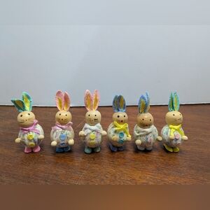 Bethany Lowe Vintage Rabbits Easter Velveteen Lot Of 6 2.5" Tall Wood Fabric